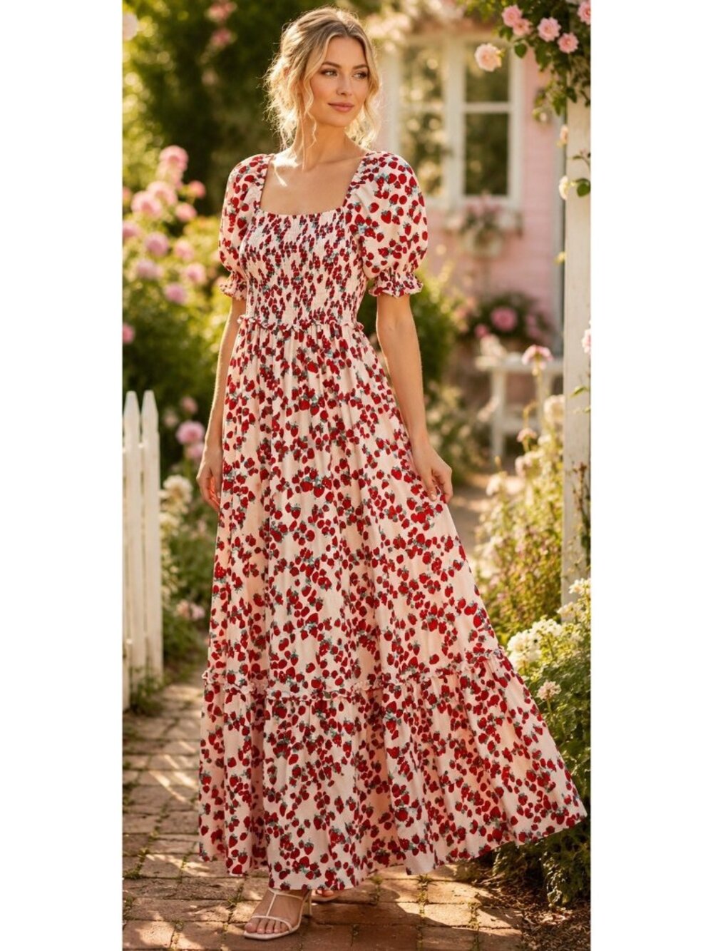 Betsey Johnson Strawberry Fields Smocked Challis Midi Dress Small Cottagecore